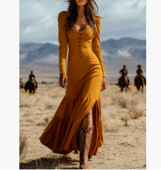 Buy Retro Western Style Button Pleated Long Sleeve Sexy Dress online at DLC Market