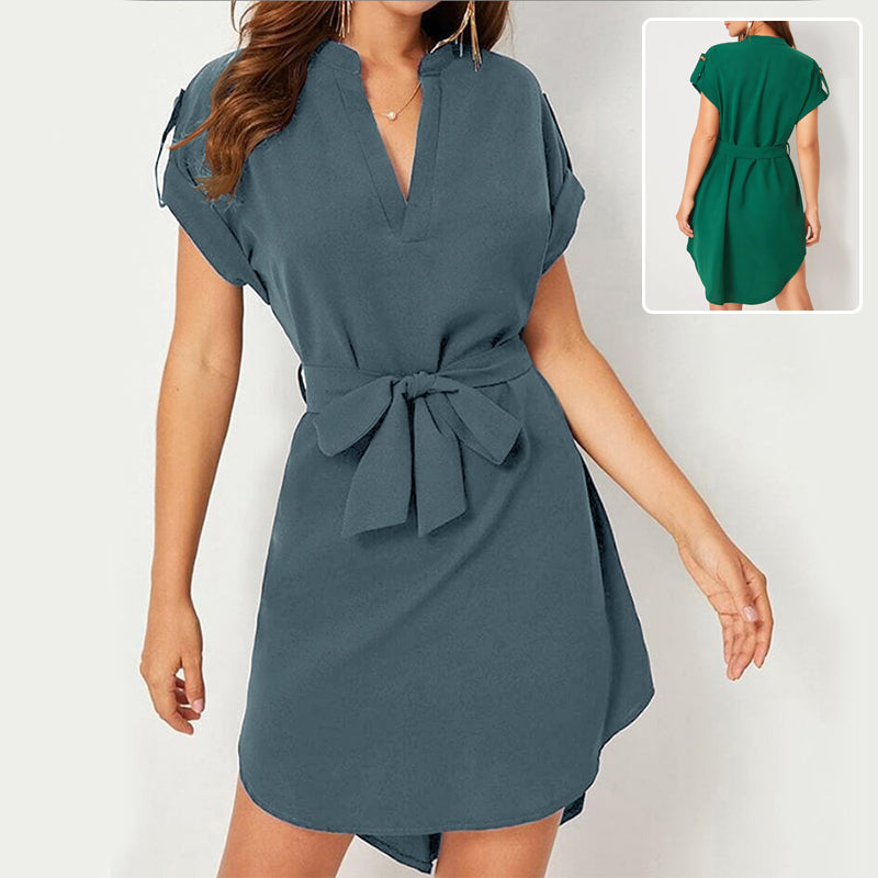 Buy V-neck Short Sleeve Dress With Belt Summer Fashion Bowknot Dresses For Women Clothing online at DLC Market