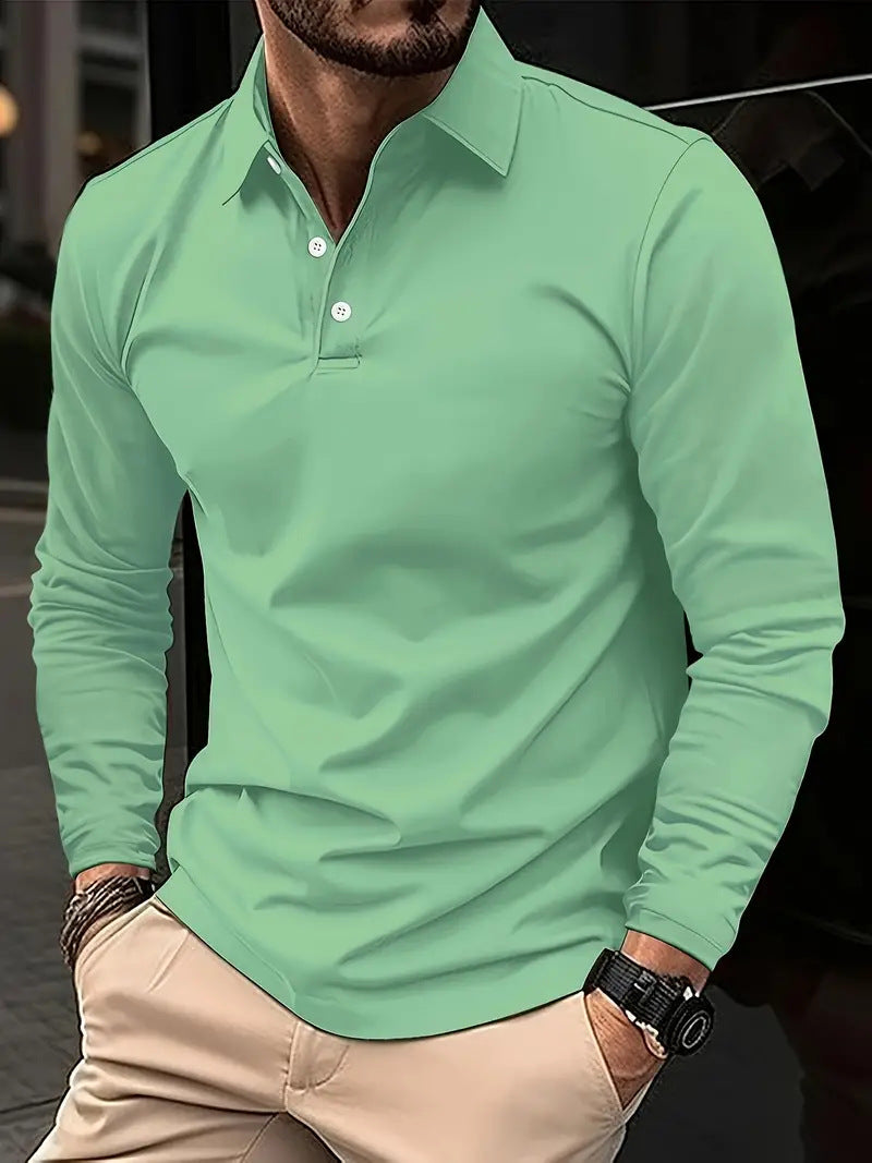 Buckle European And American Men's Daily Casual Polo Collar Long Sleeve Polo Wear by null