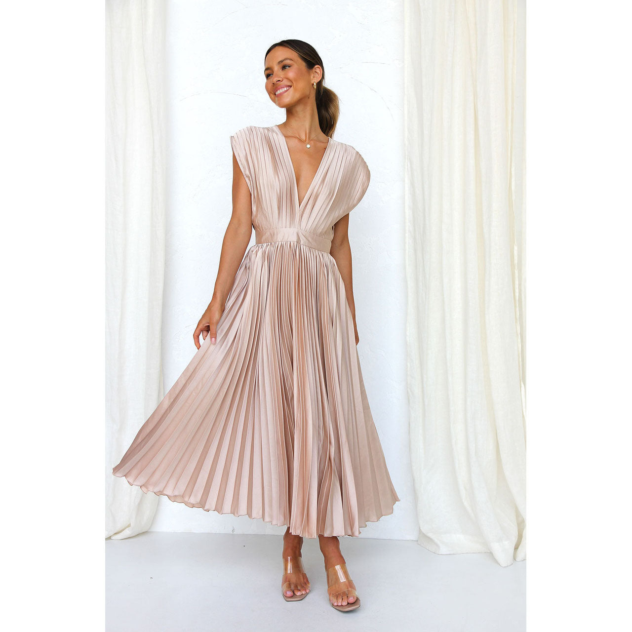 Summer V Neck Pleated Dress For Women Casual Sleeveless Zip Front Loose Fit Lightweight Polyester by null
