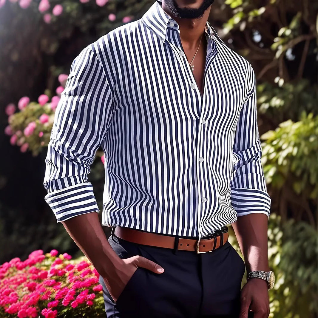 Ins Stripe Printed Long Sleeve Shirt Men Fashion Casual Lapel Button Top Clothing by null