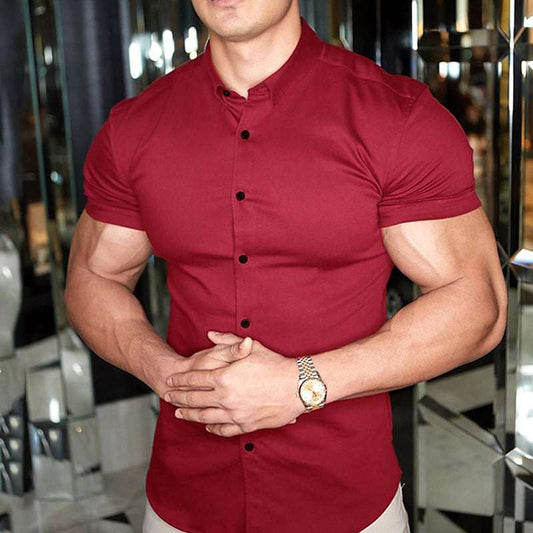 Slim Fit Short Sleeve Shirt Summer Men's Solid Color Casual Tops by null