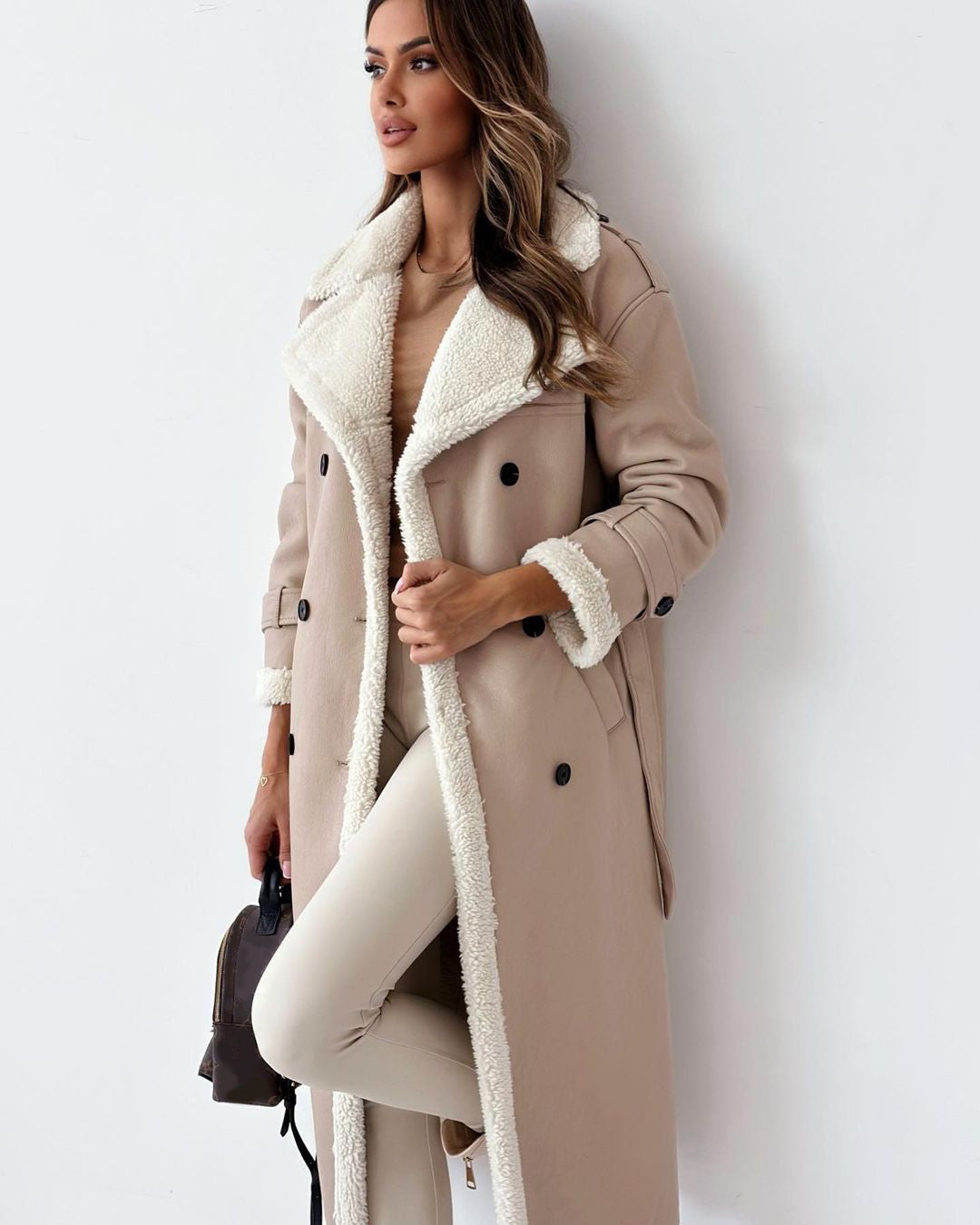 Winter Belted Double Breasted Lapel Trench Coat For Women Mid Length Windbreaker Overcoat Polyester by null