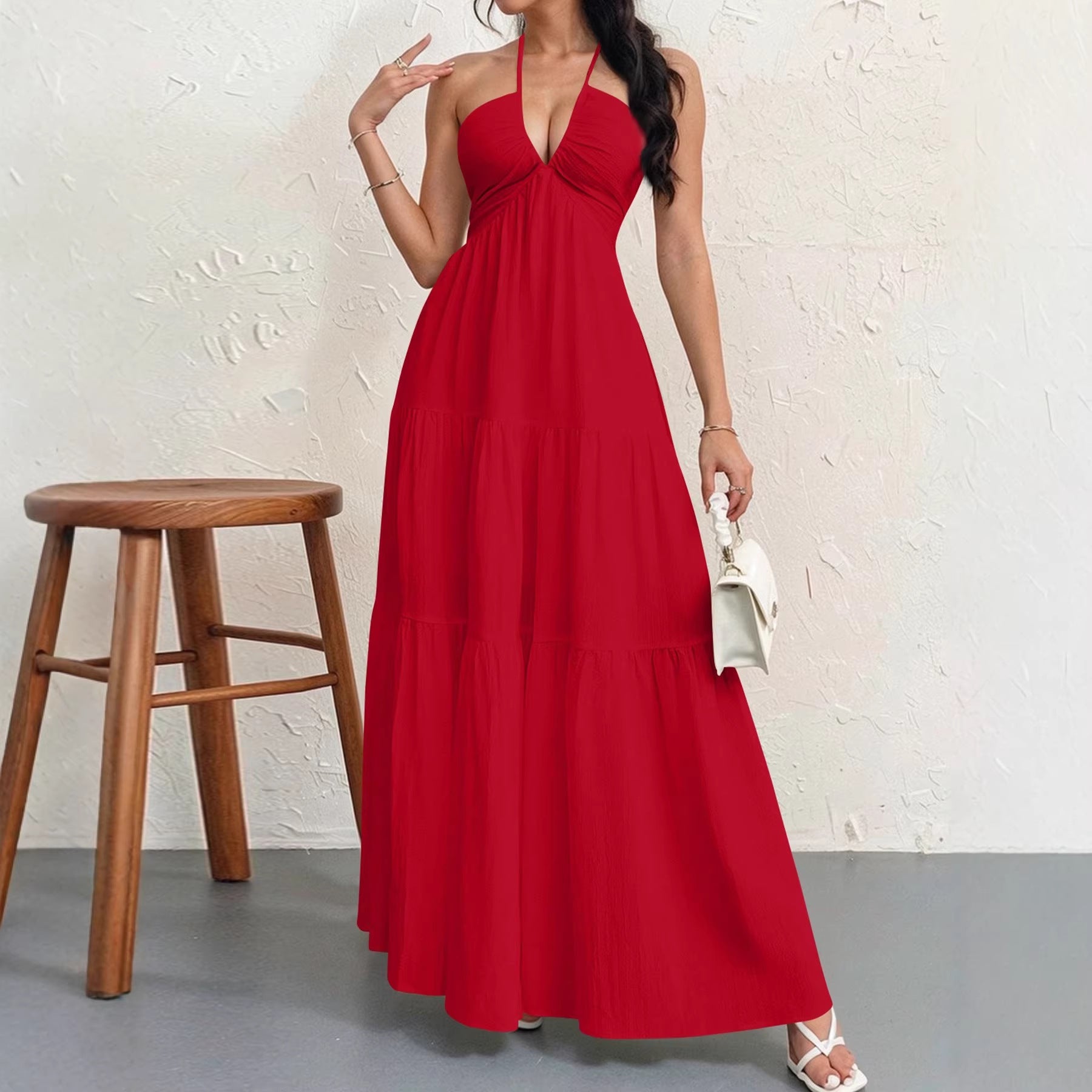Backless Halterneck V-Neck Pleated A- Line Dress Women's Clothing One-Piece Dress Ankle-length Skirt For Beach Vacation Outfits by null