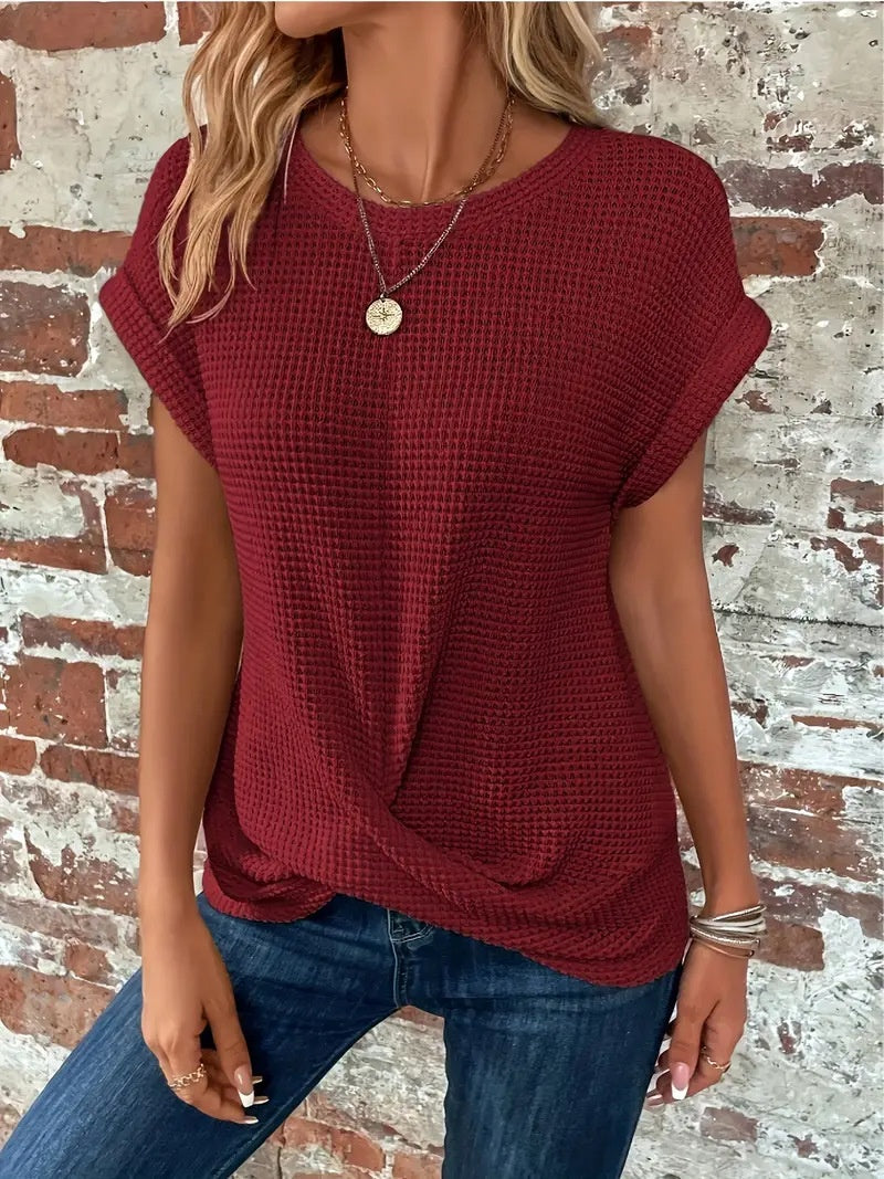 Buy Short-sleeved Waffle T-shirt Summer New Solid Color Crew Neck Top For Womens Clothing online at DLC Market