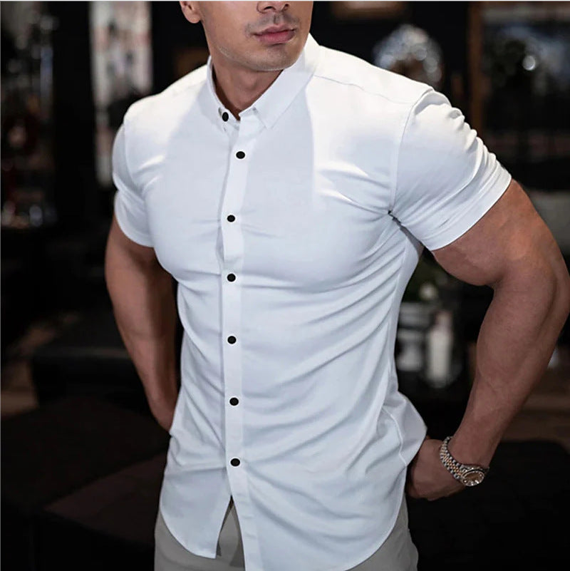 Slim Fit Short Sleeve Shirt Summer Men's Solid Color Casual Tops by null