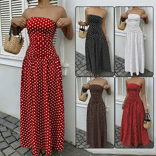 Elegant Polka-dot Off-shoulder Dresses Solid Color Strapless Lady High-waist Robe Commuting Party Business Beach Holiday Outfit by null