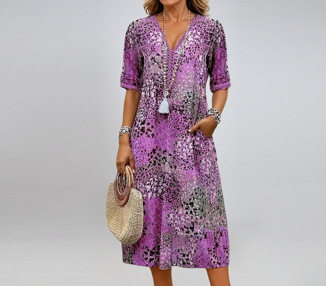 Summer V-neck Half-sleeved Dress With Pockets Fashion Ethnic Print Dresses Beach Holiday Clothing For Women by null