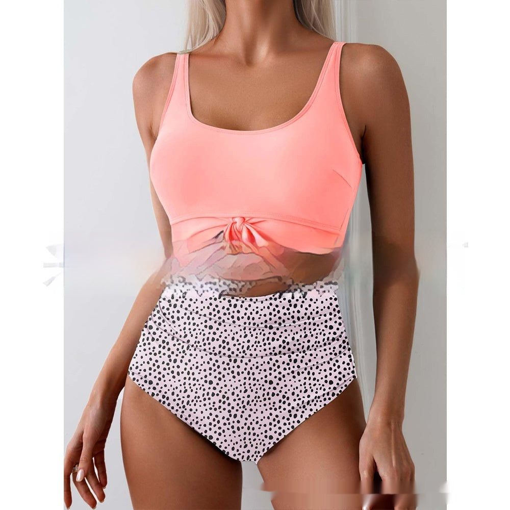 One-piece Female Stitching Contrast Color Strap Covered Belly Swimsuit by null