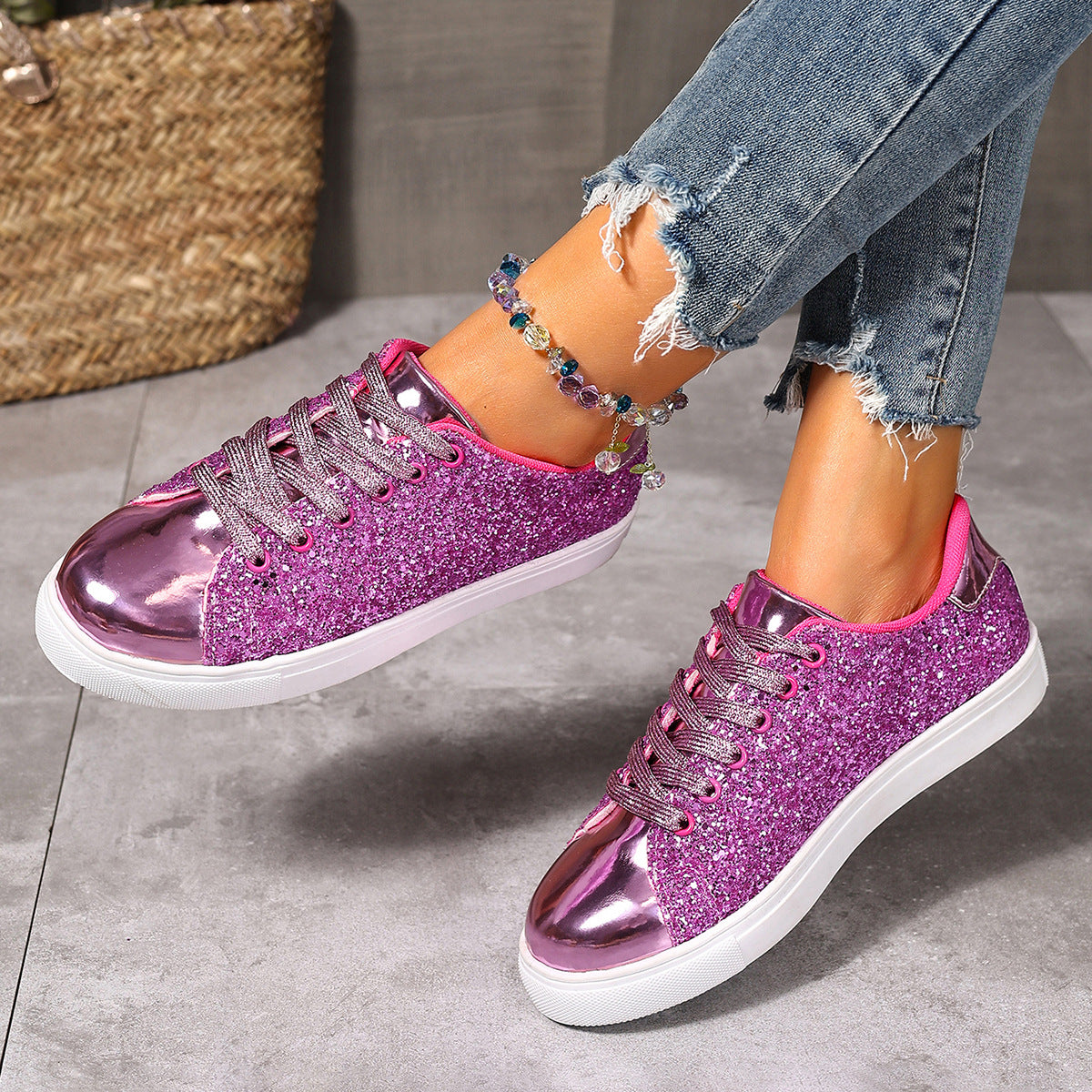 Buy Plus Size Sequined Front Lace-up Solid Color Plus Size Board Shoes online at DLC Market
