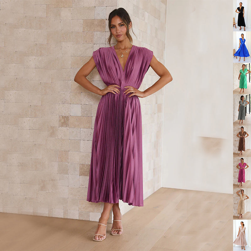 Summer V Neck Pleated Dress For Women Casual Sleeveless Zip Front Loose Fit Lightweight Polyester by null
