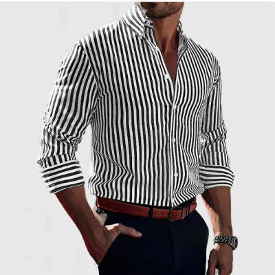 Ins Stripe Printed Long Sleeve Shirt Men Fashion Casual Lapel Button Top Clothing by null