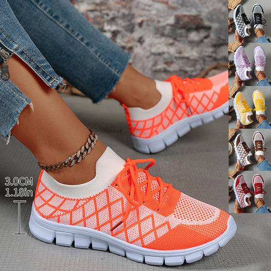 Womens colorblock plaid flyknit lace-up sneakers | DLC Market