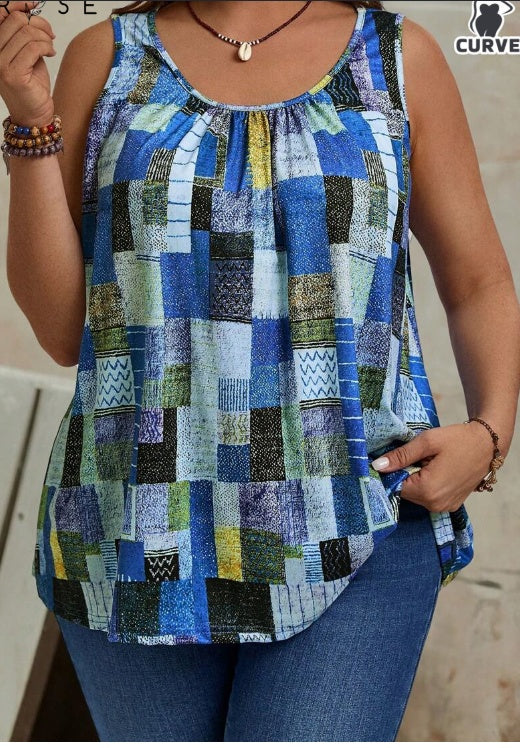 Buy Plus Size Women's Summer Geometric Printed Round Neck Pleated Casual Tank Top online at DLC Market