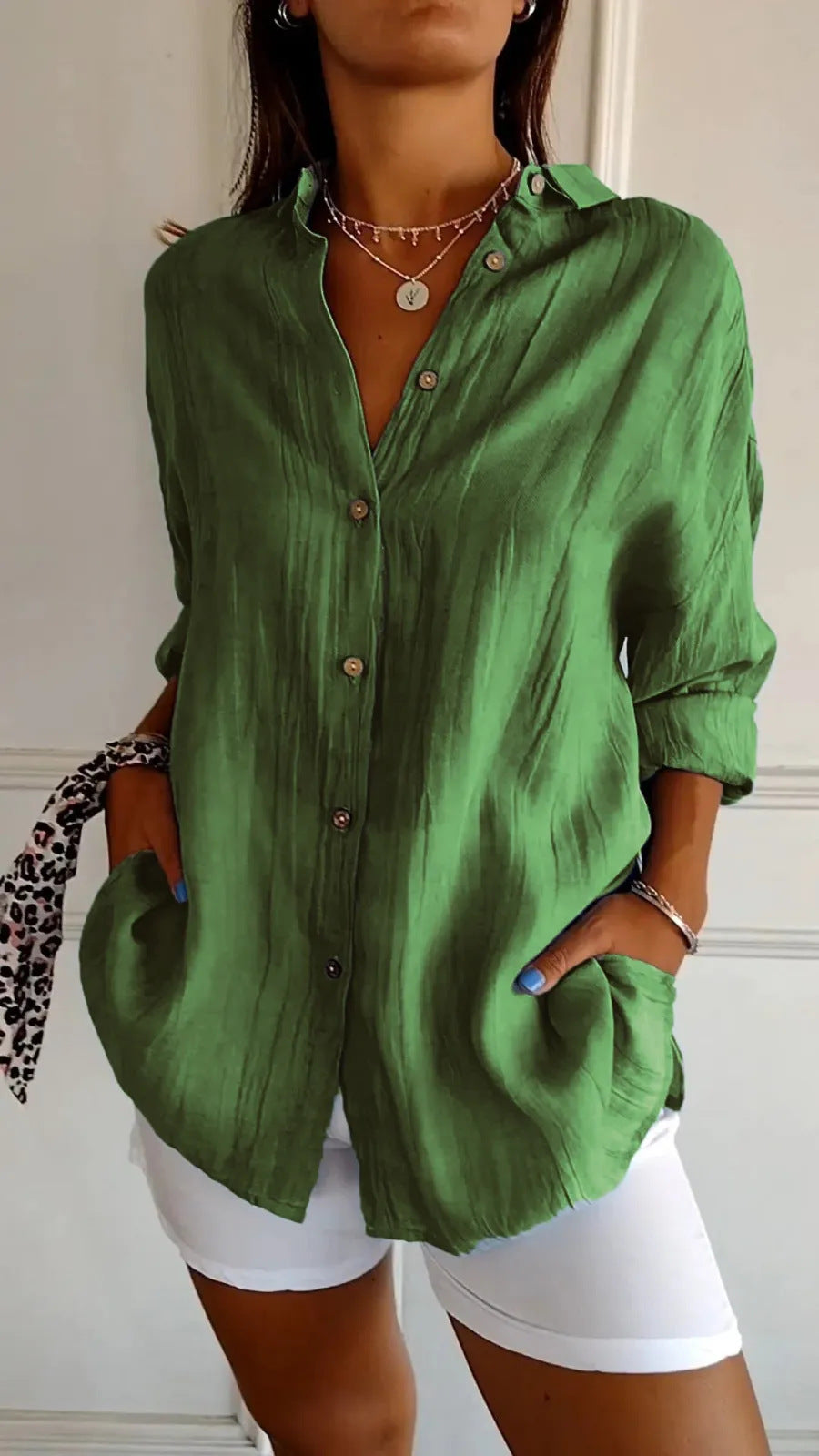Lapel Long Sleeve Shirt Women's Single-breasted Pleated Shirt Tops Clothing by null