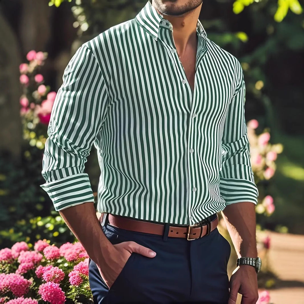 Ins Stripe Printed Long Sleeve Shirt Men Fashion Casual Lapel Button Top Clothing by null