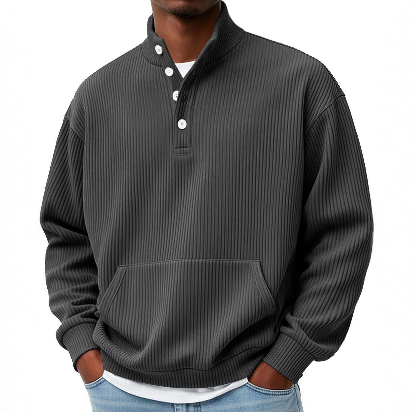 Mens Solid-Color Turtleneck Casual Long-Sleeve Polo Sweatshirt With Pockets For Men Spring Autumn Clothing Loose Button Polo Collar Tees Tops Man Outwear by null