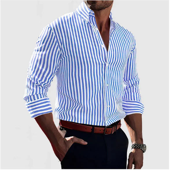 Ins Stripe Printed Long Sleeve Shirt Men Fashion Casual Lapel Button Top Clothing by null