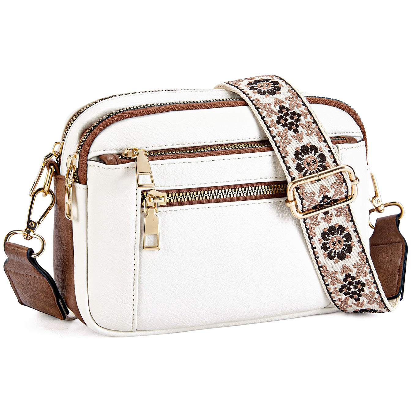 Buy Triple-zipper Shoulder Bag With Floral Embroidered Straps Fashion Colorblock Multi-functional Crossbody Bags For Women online at DLC Market
