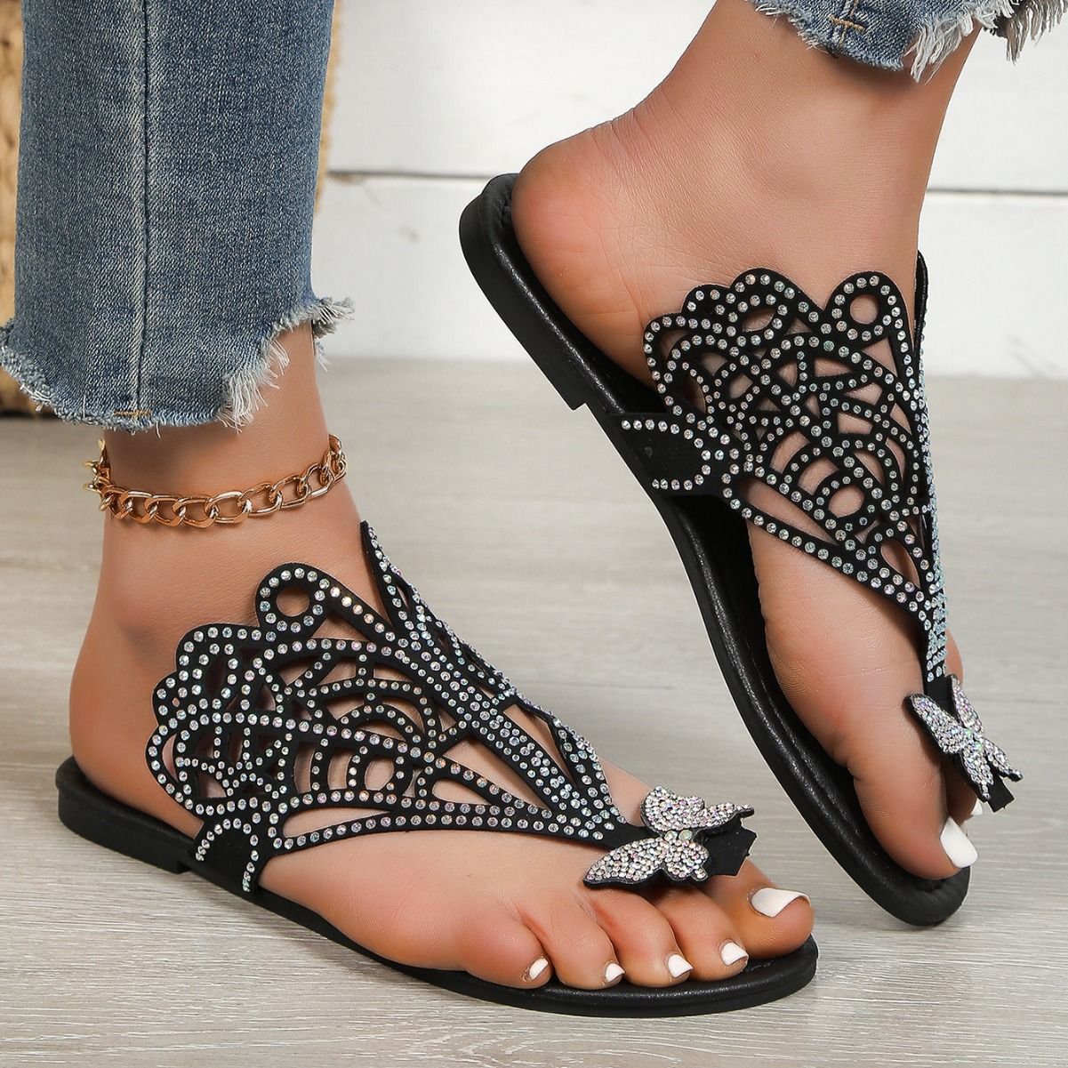 Buy Slip-on Flip-toe Sandals Women's Rhinestone Hollow Flat-heeled Slippers online at DLC Market