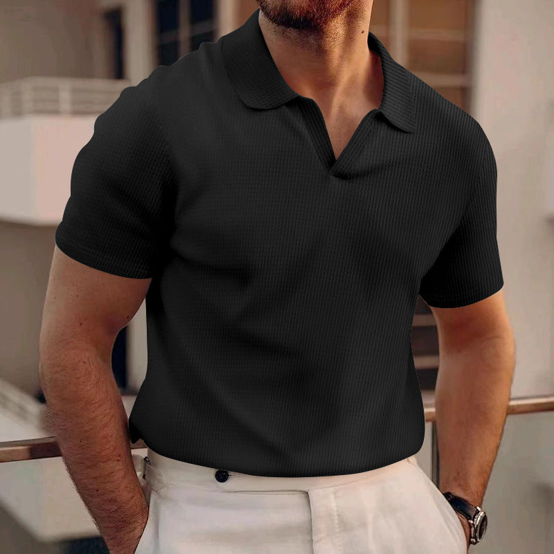 INS Waffle Lapel Short-sleeved T-shirt Summer Fashion Solid Color V-neck Polo Shirt Tops Men's Clothing by null