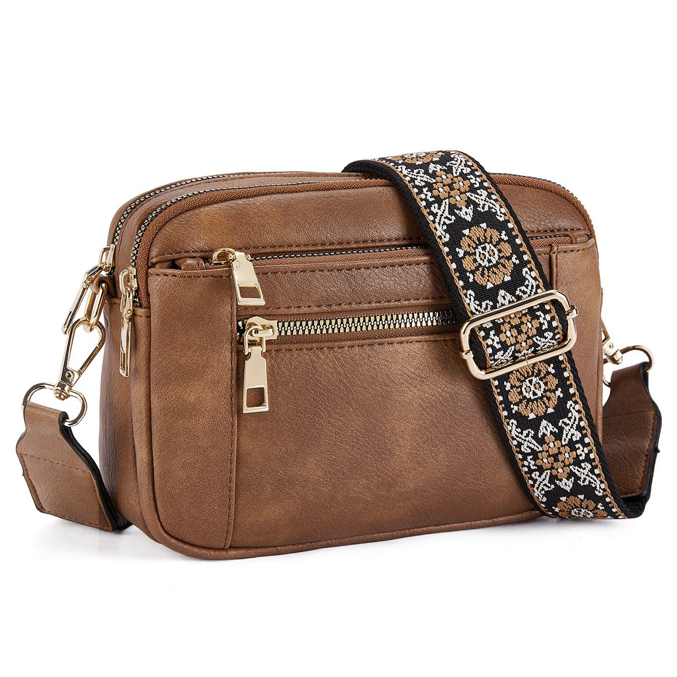 Buy Triple-zipper Shoulder Bag With Floral Embroidered Straps Fashion Colorblock Multi-functional Crossbody Bags For Women online at DLC Market