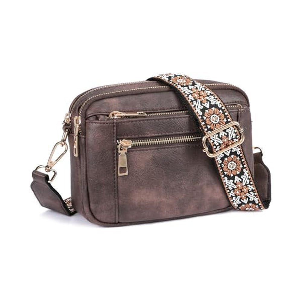Buy Triple-zipper Shoulder Bag With Floral Embroidered Straps Fashion Colorblock Multi-functional Crossbody Bags For Women online at DLC Market