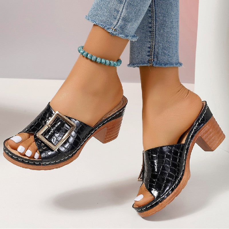Buy Fashion Crocodile-textured Buckle Sandals Square Chunky Heel Peep-toe Slides Slippers Women Shoes online at DLC Market