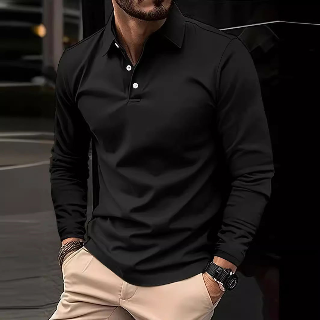 Buckle European And American Men's Daily Casual Polo Collar Long Sleeve Polo Wear by null