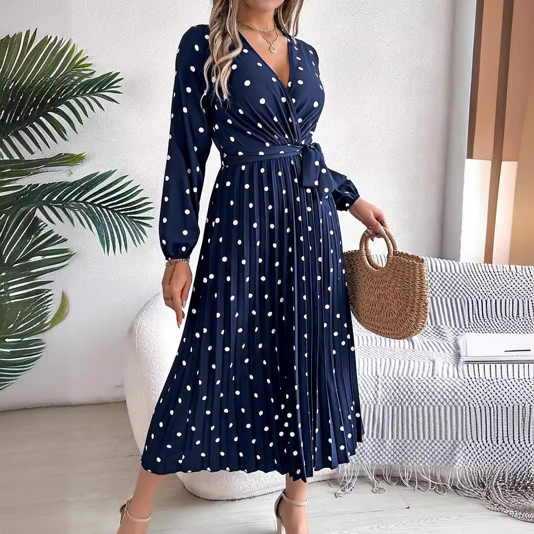 Buy Spring Summer Elegant Long Dress Cross V-Neck Contrast Polka Dot Long Sleeve Pleated Bridesmaid Dresses online at DLC Market