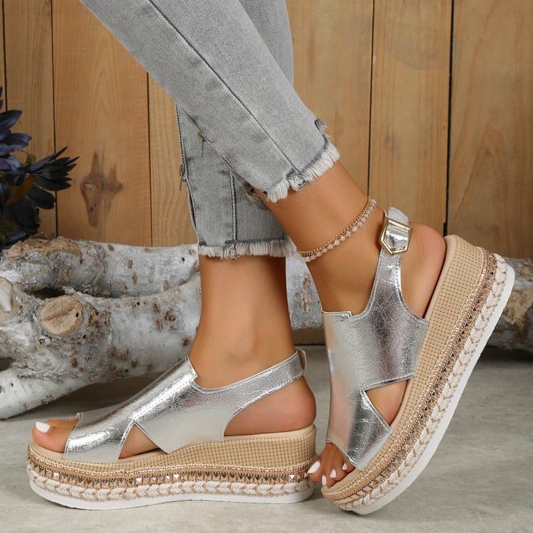 Buy Summer Shiny Sandals Hollow Design Fish Mouth Sandal For Women Fashion Buckle Wedges Shoes online at DLC Market