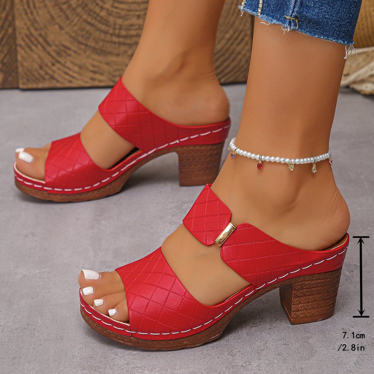 Buy Chunky Heel Sandals Summer Round Toe Plaid Slides Slippers Fashion Outdoor High Heels Shoes For Women online at DLC Market
