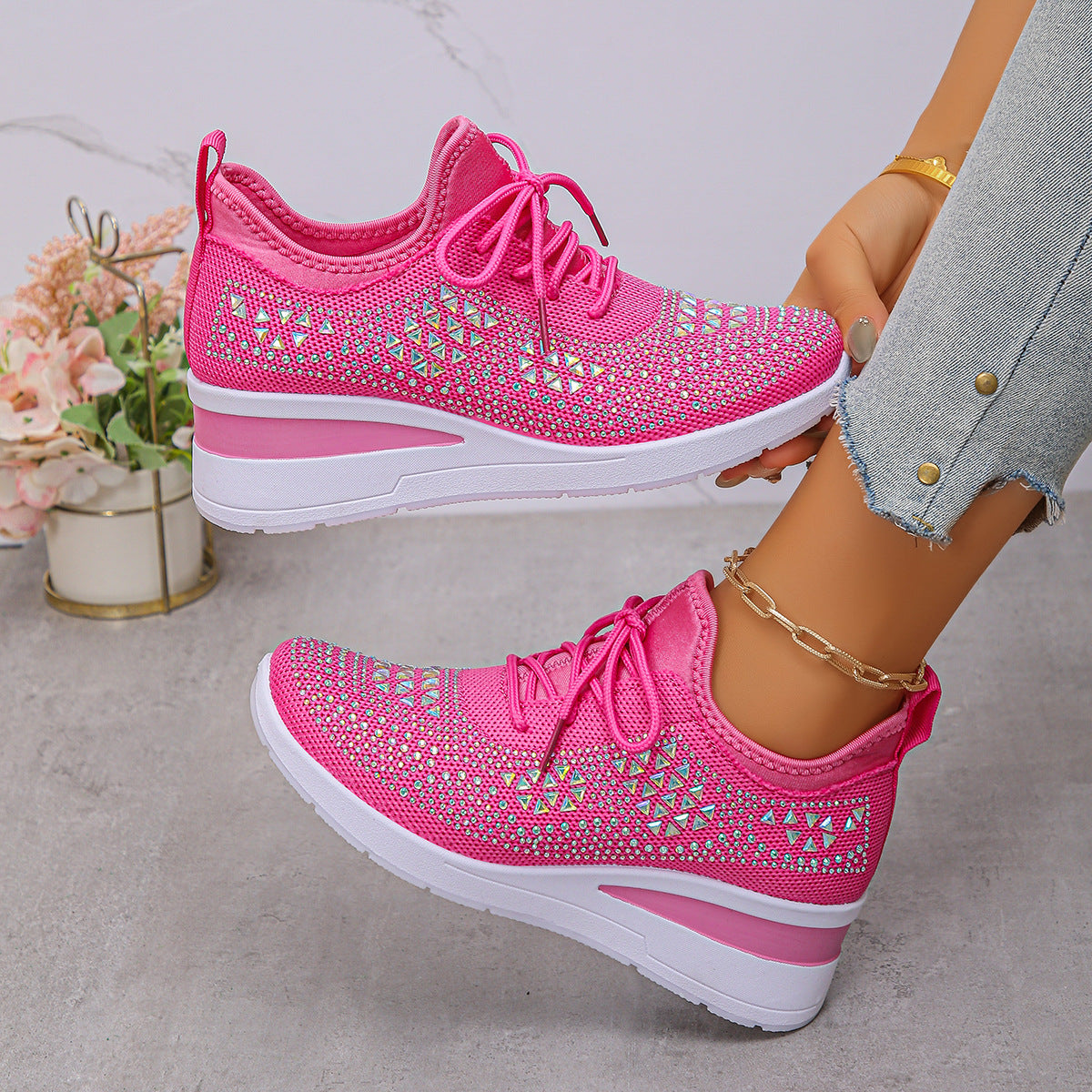 Buy Ins Rhinestone Sneakers Fashion Lace Up Wedges Casual Shoes Women's Daily Commuting Sports Shoes online at DLC Market