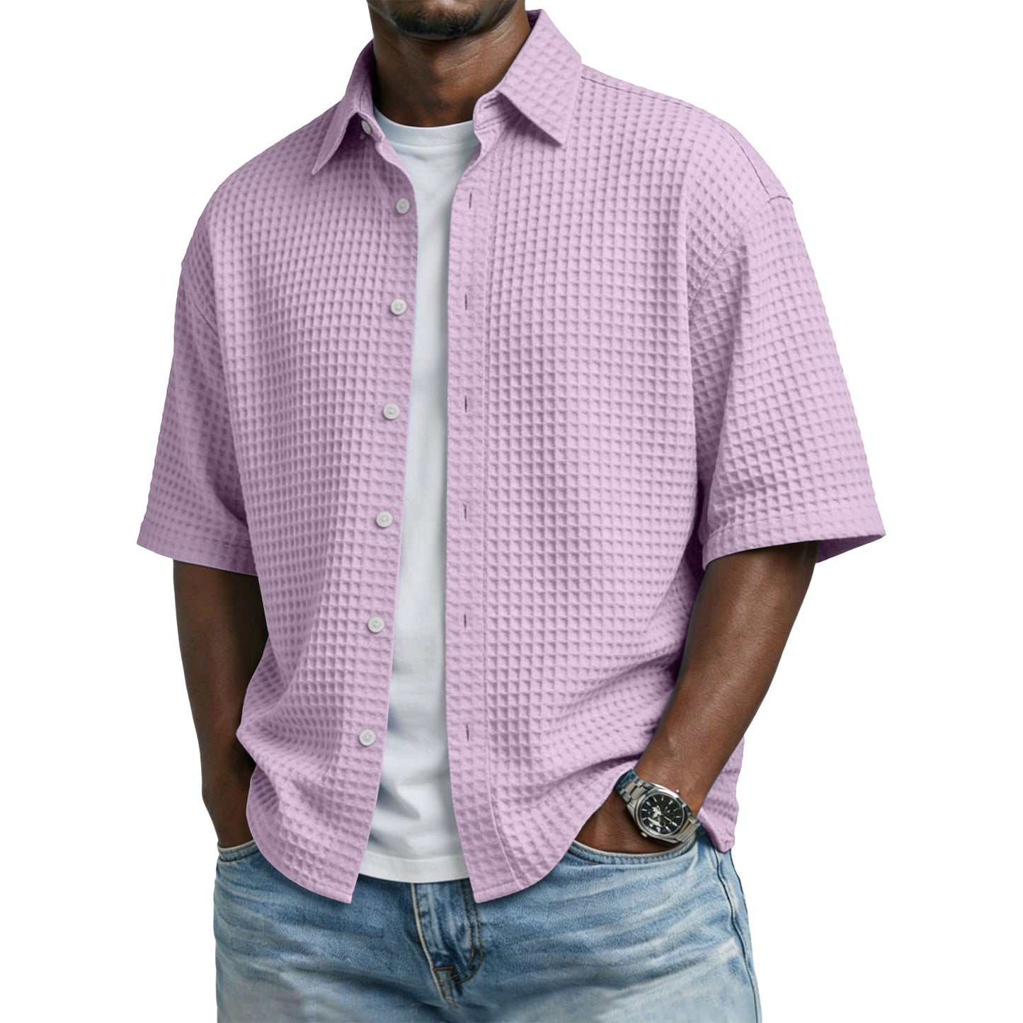 Men's Solid-Colored Waffle-Weave T-Shirt With Lapel Collar by null
