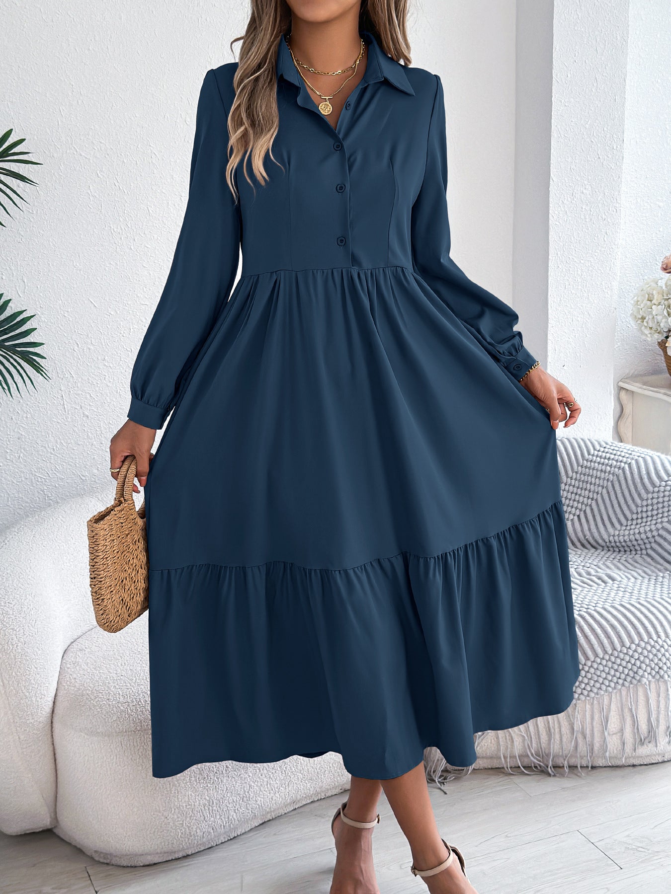Buy Women's Lapel Casual Loose Long Sleeve Ruffled Shirt Dresses Long Sleeved Turn-down Collar Single-Breasted Dress Spring Autumn Fashion Women's Clothing For Vacation online at DLC Market