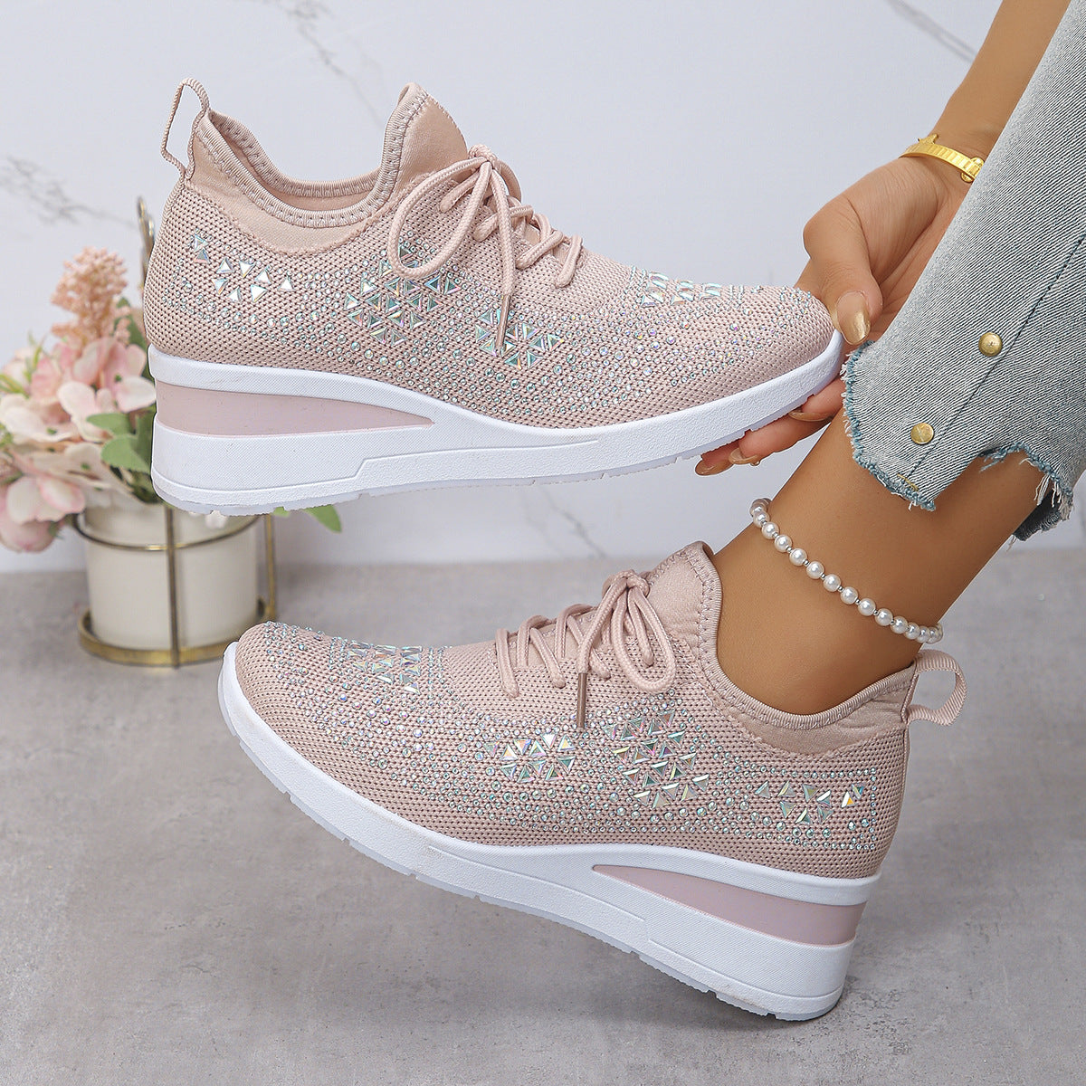Buy Ins Rhinestone Sneakers Fashion Lace Up Wedges Casual Shoes Women's Daily Commuting Sports Shoes online at DLC Market