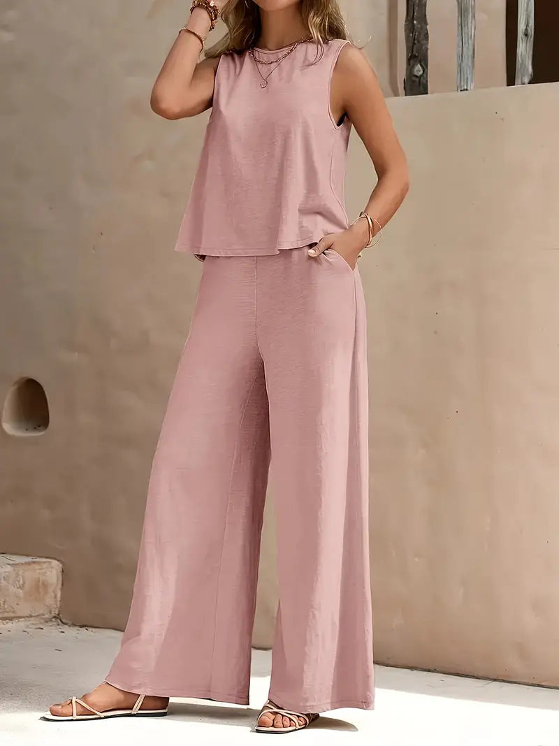 Solid Color Casual Loose Pants Sets For Women Elegant Spring Summer Women's Two Pieces Suit Full Trouser Set Female Outfit Clothes by null