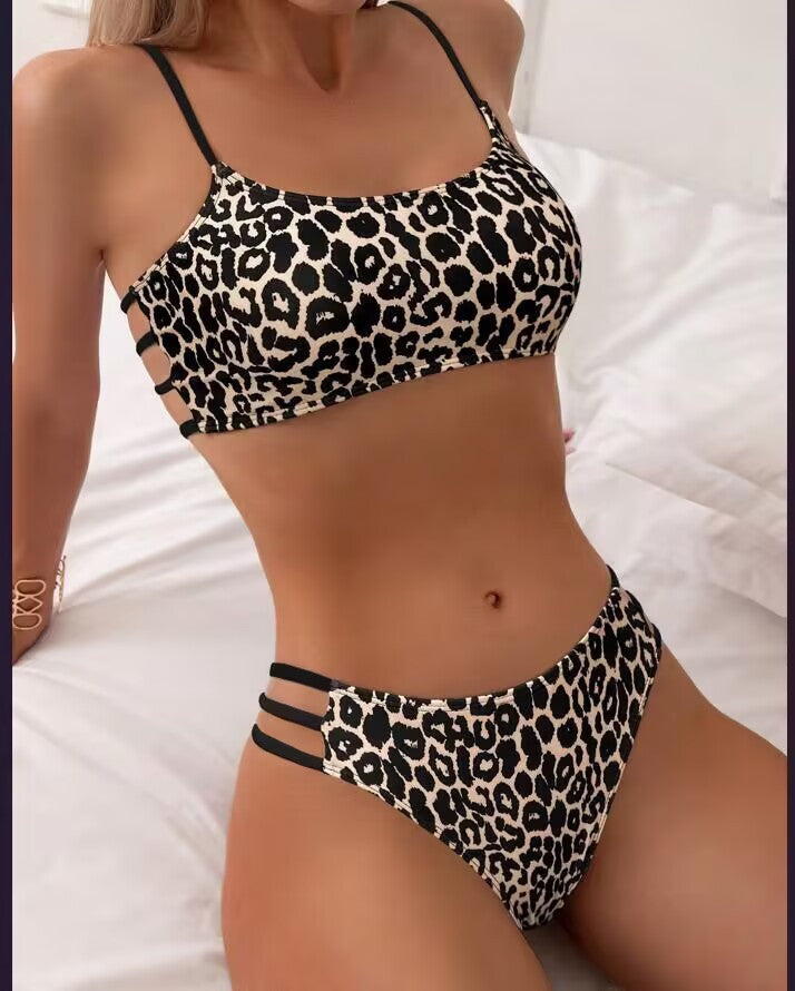 Leopard Print Contrast Color Push Up Tight Split Swimsuit by null