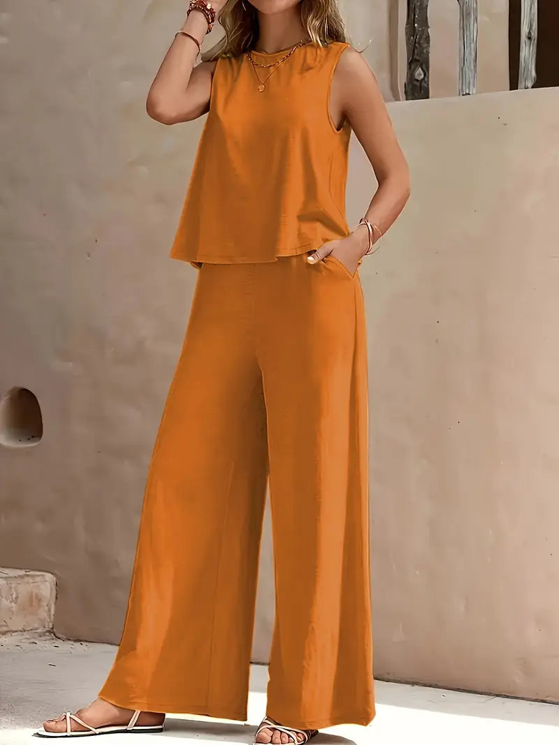 Solid Color Casual Loose Pants Sets For Women Elegant Spring Summer Women's Two Pieces Suit Full Trouser Set Female Outfit Clothes by null