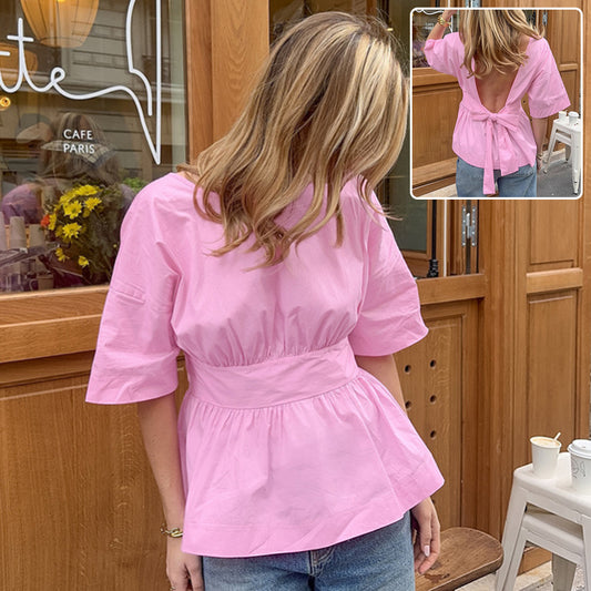 Buy Summer Backless Short Sleeve T-shirt With Back-tied Design Fashion Bat Sleeve Top For Women Clothing online at DLC Market