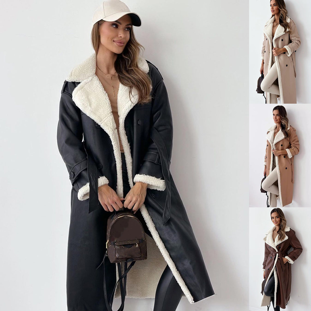 Winter Belted Double Breasted Lapel Trench Coat For Women Mid Length Windbreaker Overcoat Polyester by null