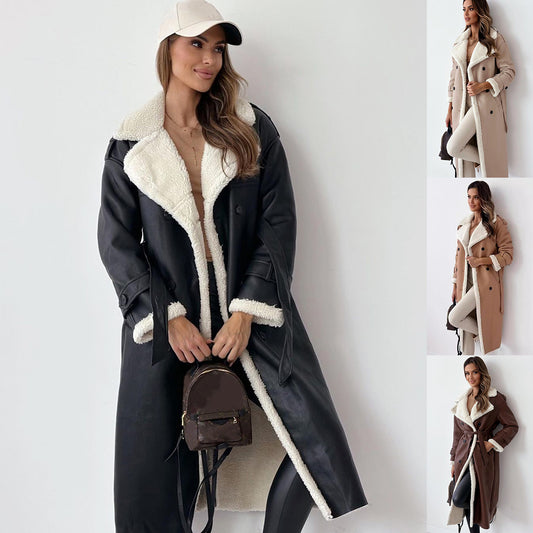 Winter Belted Double Breasted Lapel Trench Coat For Women Mid Length Windbreaker Overcoat Polyester by null