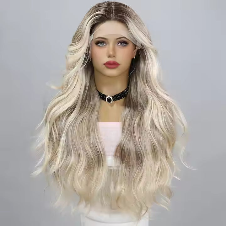 European And American Fashion T-shaped Lace Gold Gradient Wavy Curly Hair Wigs Shipped From Warehouse by null