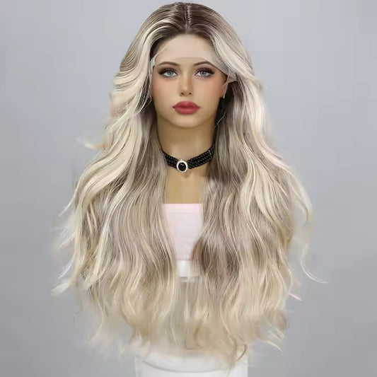 European And American Fashion T-shaped Lace Gold Gradient Wavy Curly Hair Wigs Shipped From Warehouse by null