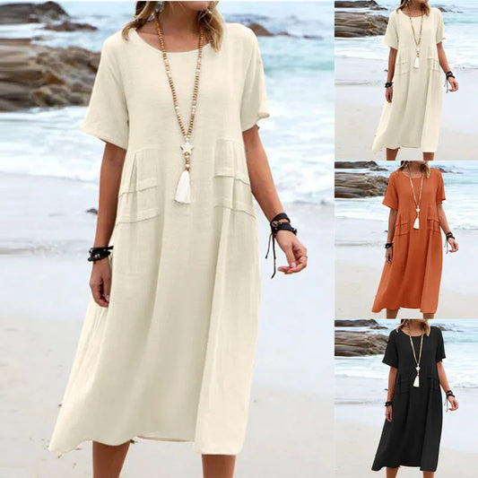 Womens loose cotton linen short sleeve midi beach dress | DLC Market