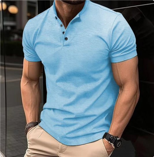 Men's Button Henry Collar Sports Polo Shirt Summer Short-sleeved Tops by null