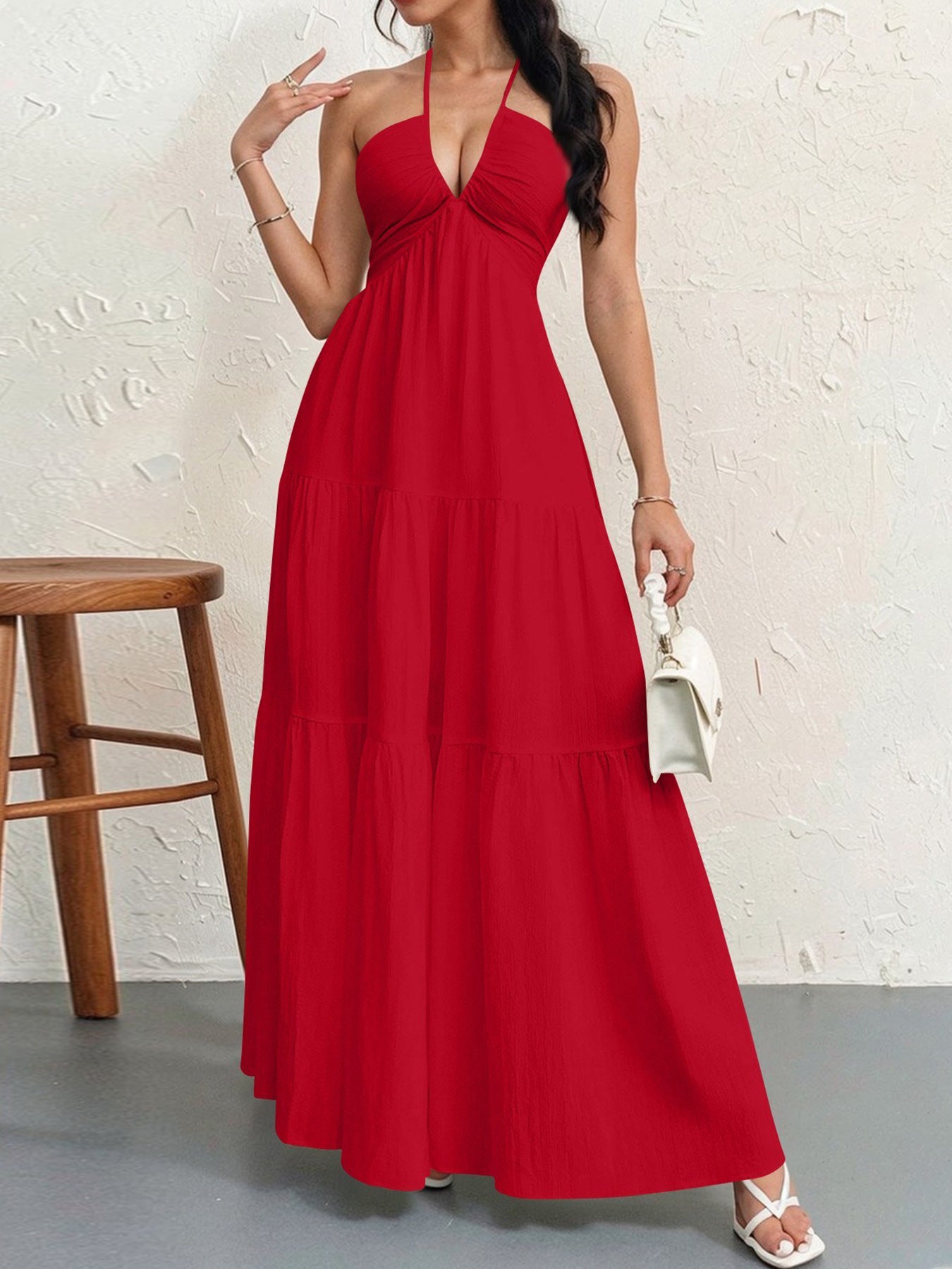 Backless Halterneck V-Neck Pleated A- Line Dress Women's Clothing One-Piece Dress Ankle-length Skirt For Beach Vacation Outfits by null