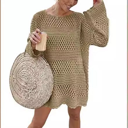 Buy Woven Round Neck Hollow Beach Cover-up Loose Casual Sweater online at DLC Market