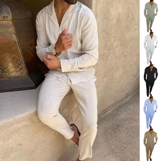 Casual Long-sleeved Suits Fashion Lapel Single-breasted Shirt Top And Slim-fit Trousers Men Clothing by null