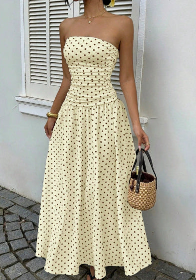 Elegant Polka-dot Off-shoulder Dresses Solid Color Strapless Lady High-waist Robe Commuting Party Business Beach Holiday Outfit by null